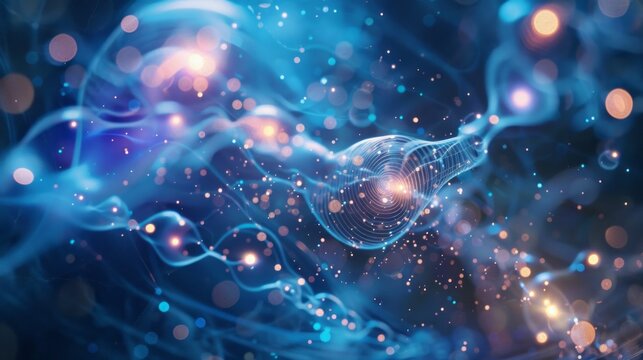 A digital artwork illustrating quantum entanglement with swirling blue energy, luminous particles, and a central glowing orb