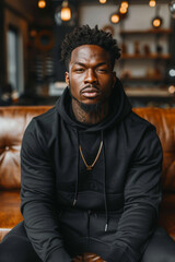 Man in black gym gear sitting in studio