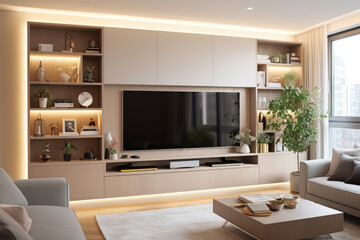 A living room with a large flat screen TV and a potted plant. The room is well lit and has a cozy atmosphere