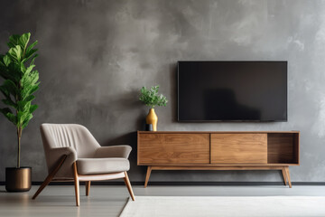 A living room with a wooden entertainment center and a chair. The television is off and the room is empty