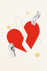 Vertical photo collage of hands hold two half heart shape divorce concept breakup relationships...
