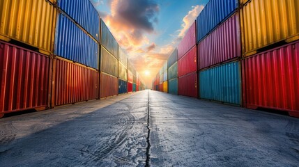 Fototapeta premium Shipping containers line a paved road at sunset