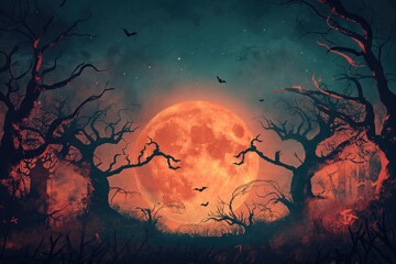 a spooky Halloween background for a banner, featuring a dark, eerie night with a full moon casting an ominous glow. Include haunted houses, creepy trees with twisted branches, and flying bats.