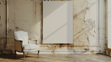 Blank white poster mock-up on an old shabby wall.Blank wall poster mockup near a vintage chair	