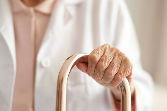 A close up of an elderly person's hand gripping a walker. The walker is silver and the hand is wrinkled and frail. The walker is an important tool for the elderly person to be able to walk.