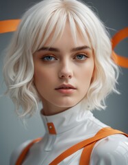 a close up of a person wearing a wig, by Andrei Kolkoutine, digital art, orange ribbons, white cyborg fashion shot, 8k octan advertising photo, portrait of nordic girl
