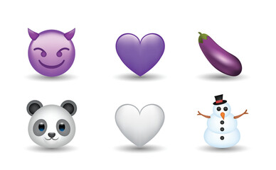 6 Emoticon isolated on White Background. Devil, eggplant, violet and white heart, panda, snowman vector emoji illustration. 3d Illustration set. © Turkan Jabbarli