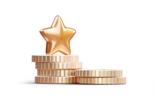 Grow business, achieving the financial targets, goals, winning. Gold star standing on a stack of coins isolated on white background. Employee bonus money, award, prize or gift. 3d rendered