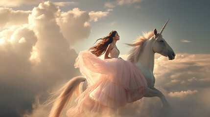 Naklejka premium A lovely young woman on the white unicorn