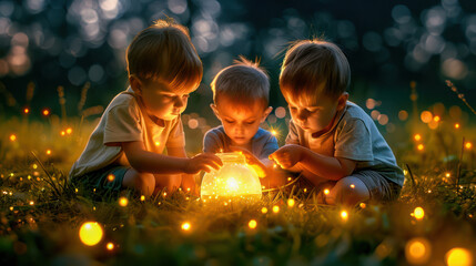 Children Capture the Magic of Summer Nights Catching Fireflies, A Moment of Joy and Wonder in the Twilight Hours