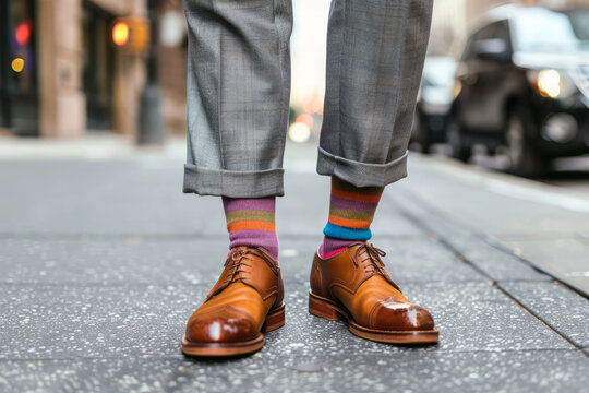 Legs of a businessman with different socks and shoes