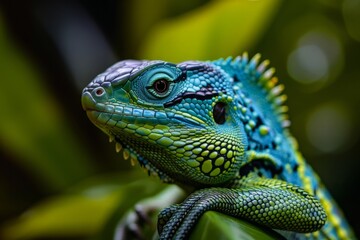 Obraz premium A close up iguana with green and blue colors on blurry background.