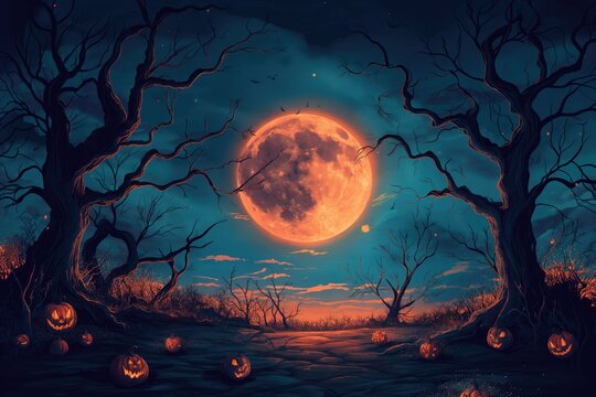a spooky Halloween background for a banner, featuring a dark, eerie night with a full moon casting an ominous glow. Include haunted houses, creepy trees with twisted branches, and flying bats.