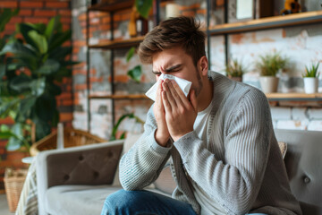 A young man sneezing into a tissue while sitting on a couch in a cozy, indoor setting.