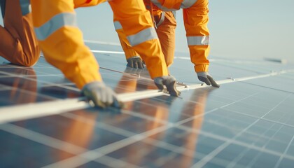 Two solar panel technicians installing solar panels on a roof. The technicians are wearing safety gear and using proper safety procedures.
