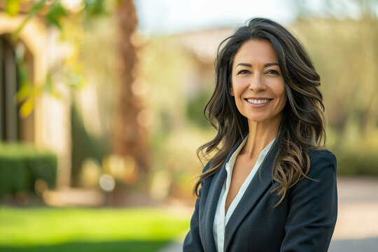 40 yrs old female realtor Outdoors, modern neighborhood, lush garden