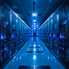 Obraz premium High-tech server room with glowing servers and intricate cabling, showcasing modern data management and infrastructure.