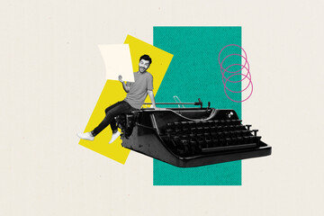 Composite collage picture image of funny young man vintage typewriter typing novelist fantasy billboard comics zine minimal
