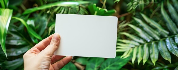A hand holding a blank, ecofriendly product label, surrounded by greenery