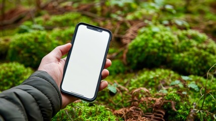 A hand holding a smartphone with a blank white screen, positioned against a backdrop of green moss and forest floor, perfect for outdoor or naturerelated app mockups