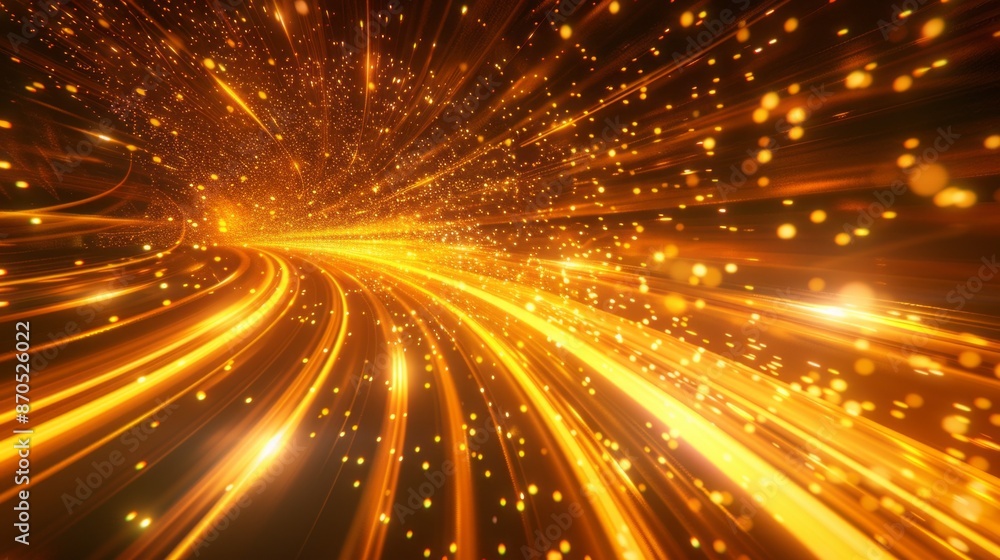 Poster a digital illustration depicting a mesmerizing journey through a cosmic tunnel filled with golden li