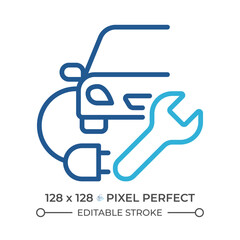 Electric car charging two color line icon. Automotive repair. Maintenance services. Plug and wrench bicolor outline symbol. Duotone linear pictogram. Isolated illustration. Editable stroke