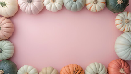Rahmen aus pastellfarbenen Kürbissen auf rosa Hintergrund in der Draufsicht mit Platz für Text, herbstliche Dekoration