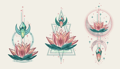 Esoteric labels with lotus flower, crescent moon, text. Vintage mystical illustrations on white background. For clothing, apparel, T-shirts, surface decoration.