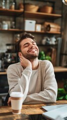 An image of a man sitting at a cafe table, eyes closed, enjoying a cup of coffee. He appears to be lost in thought, savoring the moment