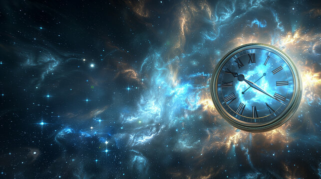 Timeless Space, Clock Concept Floating in Cosmic Void, Cosmic Time, Clock Symbolism in Outer Space, Time Unbound, Clock Floating in the Celestial Expanse