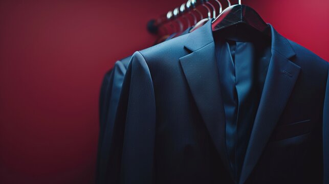Men's tailored dark blue suit hanging on a rack with a maroon background.