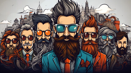 Illustration of bearded hipster men wearing sunglasses, featuring stylish hairstyles and diverse beard styles, set against a backdrop of a cityscape.