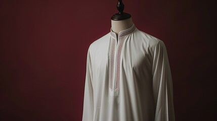 Men's white shalwar qamiz displayed on a mannequin with a burgundy background.