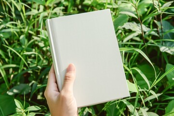 Hand Holding Blank Book in Natural Green Outdoor Setting, Creative Inspiration, Mock-Up