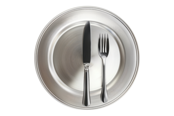 Stainless steel plate fork spoon and knife isolated on transparent background