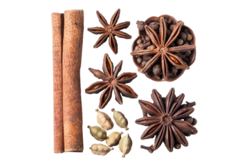 Star anise cinnamon cardamom isolated on transparent background
