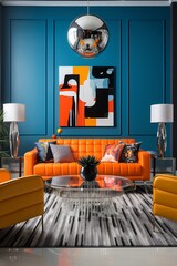 A living room filled with various furniture pieces such as a sofa, coffee table, and armchairs, with an art deco painting hanging on the wall. The room is decorated in geometric patterns