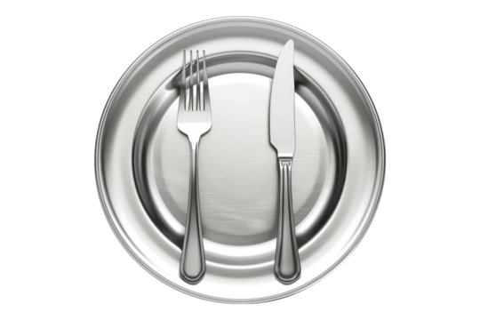 Stainless steel plate fork spoon and knife isolated on transparent background