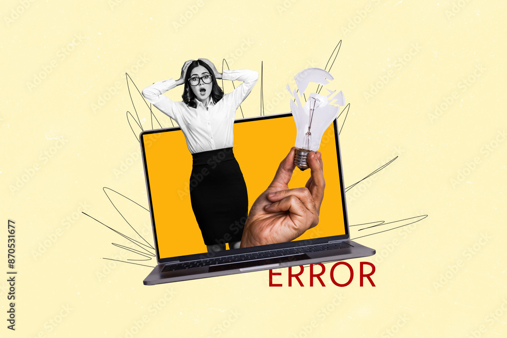 Poster composite photo collage of astonished girl hold head crashed light bulb trojan virus hacking it prog
