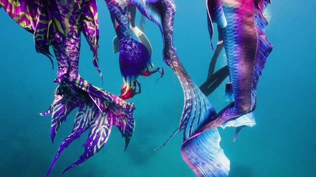 A group of mermaid free diving girls wearing mermaid costumes are floating on the water, showing many fish tails in mermaid costumes are beautiful and colorful. taiwan asia