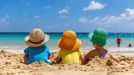 Obraz premium Three children are sitting on the beach, wearing colorful hats