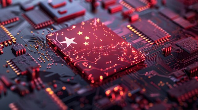 A close-up shot of a circuit board with the Chinese flag embedded in it