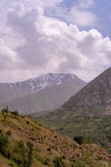 Fototapeta premium The sky is cloudy and the mountains are covered in snow