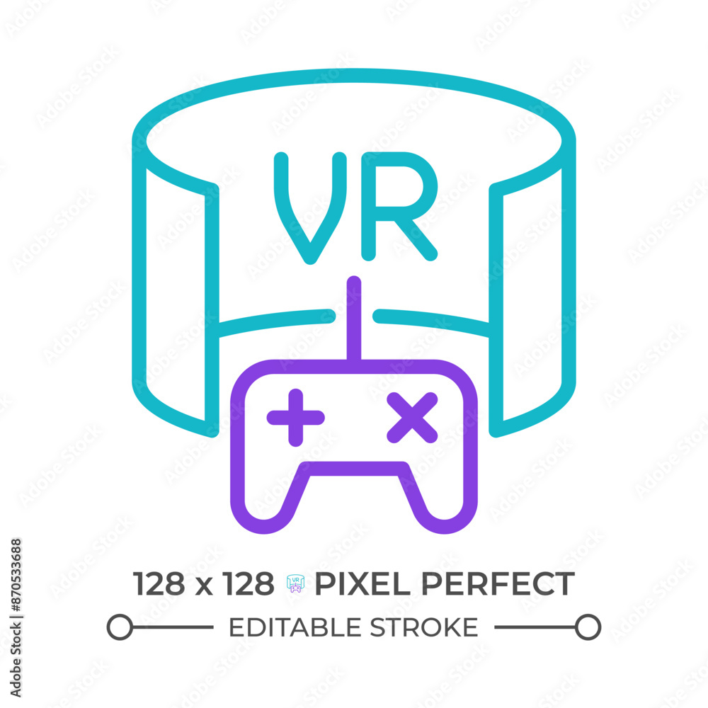 Poster vr game two color line icon. virtual reality. immersive experience. three dimensional game. game con