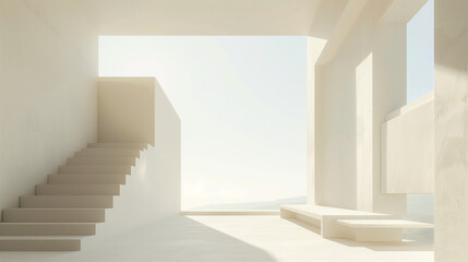 Arquitectura minimalista que utiliza formas simples y colores neutros, dejando mucho espacio en blanco para un efecto sereno y limpio