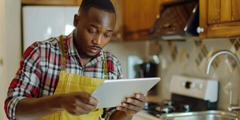 Fototapeta premium Man in Apron Using Tablet