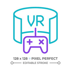 VR game two color line icon. Virtual reality. Immersive experience. Three dimensional game. Game controller bicolor outline symbol. Duotone linear pictogram. Isolated illustration. Editable stroke.
