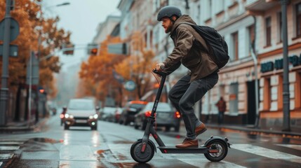 A man rides an electric scooter on a city street.