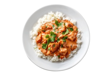 White plate of chicken tikka isolated on transparent background