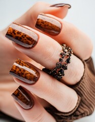 A close up image capturing a womans hand featuring beautifully manicured brown nails adorned with a stylish copper ring